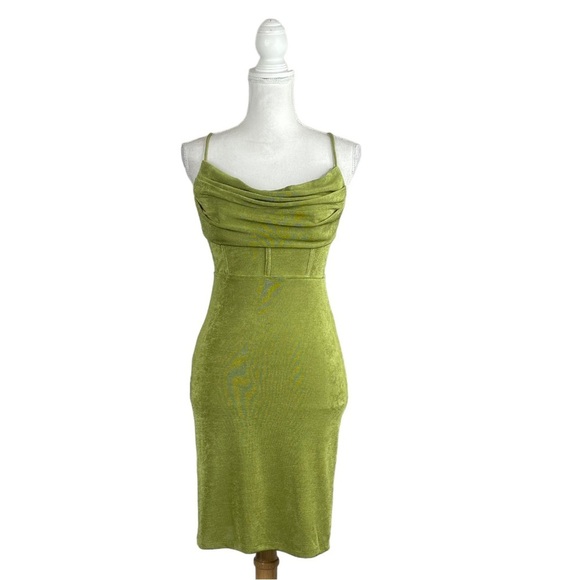 Princess Polly Aaliyah Mini Dress Retro Green Bodycon Silhouette Lace Up Back - Picture 3 of 11